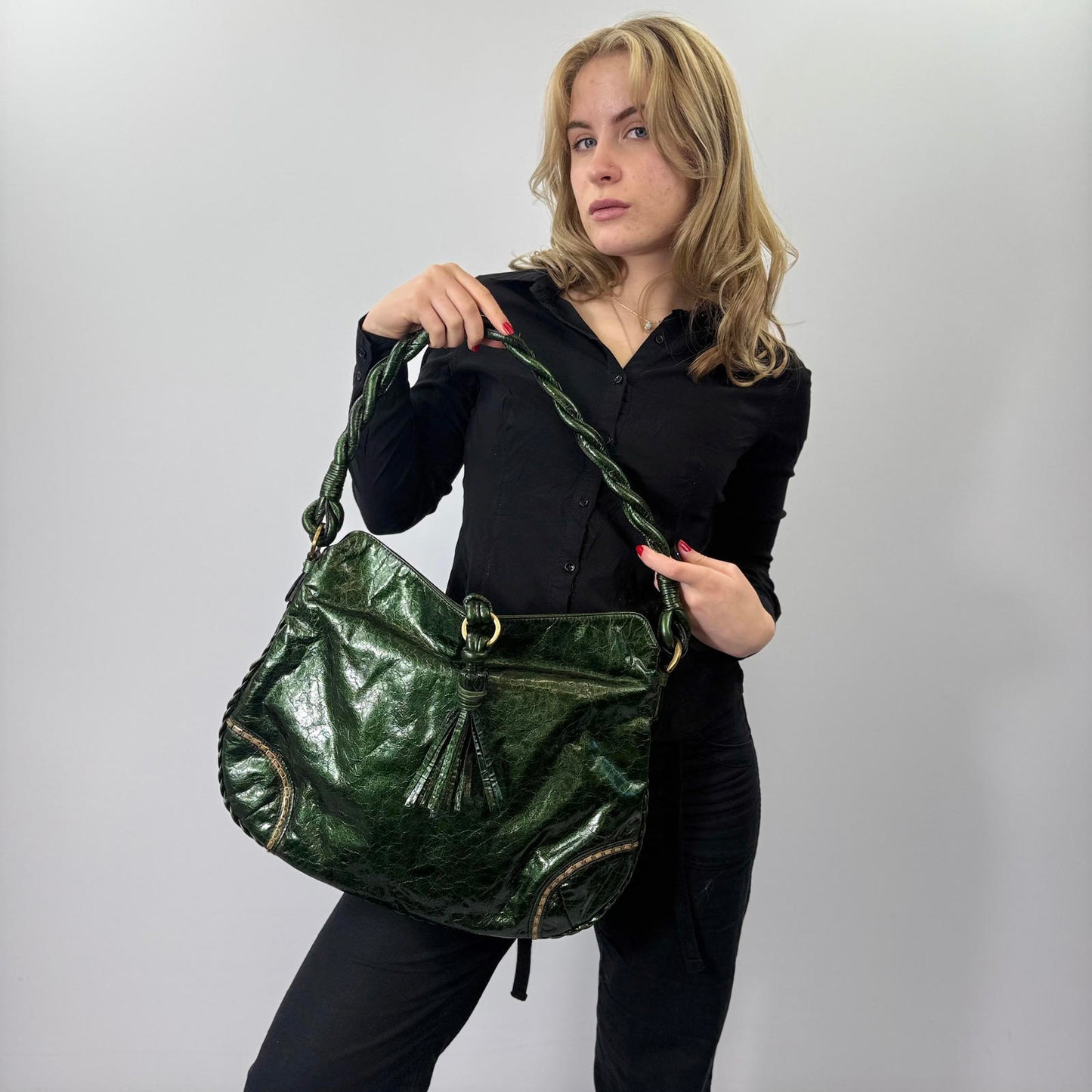 Fontanelli Green Shiny Leather Women's Handbag