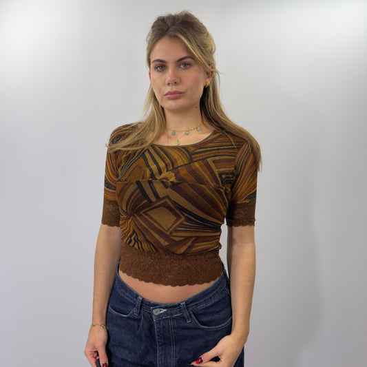 Y2K Brown Patterned Short Sleeve Top with Lace Trim- SIZE S