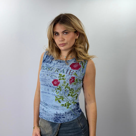 Blue Floral Print Sleeveless Tank Top- Size S/M