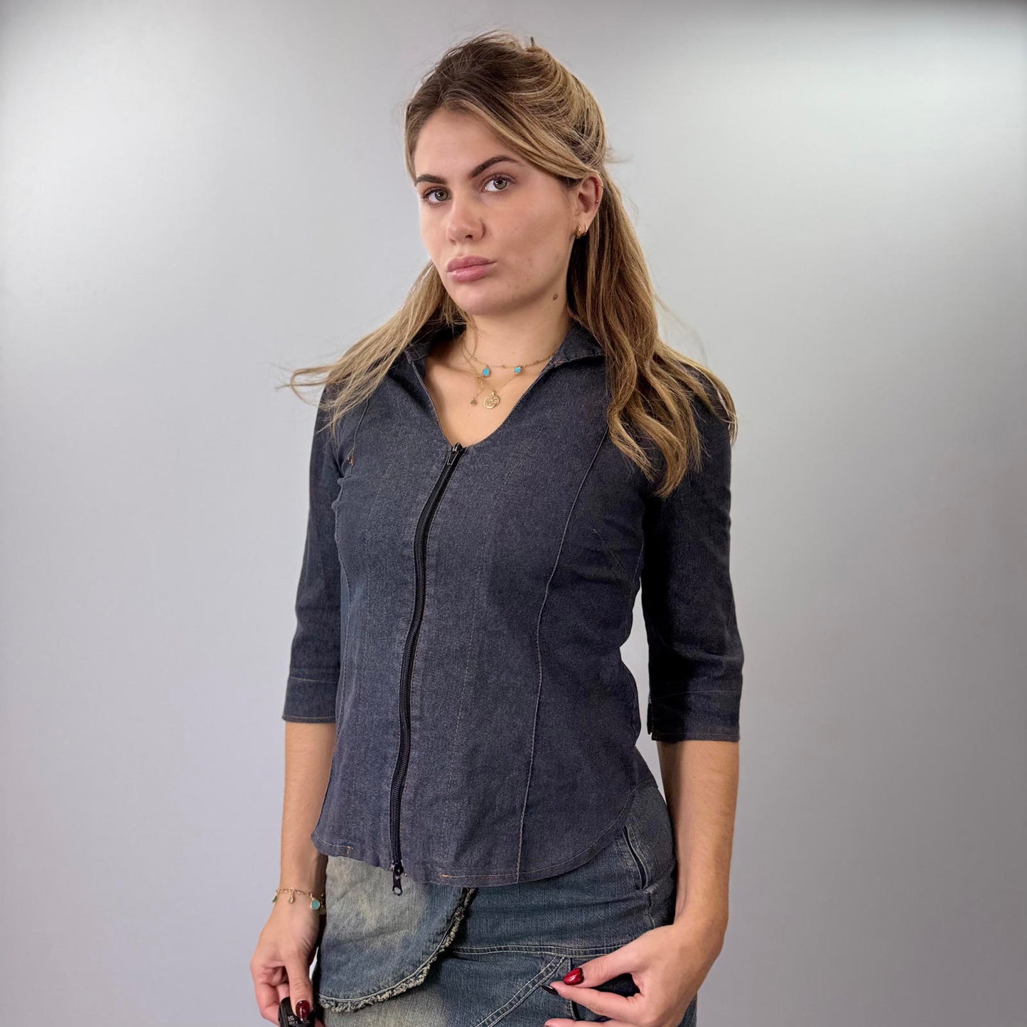 Extreme Women's 90s Dark Denim Zip-Up Top- SIZE L