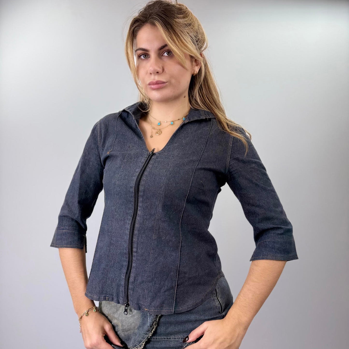 Extreme Women's 90s Dark Denim Zip-Up Top- SIZE L