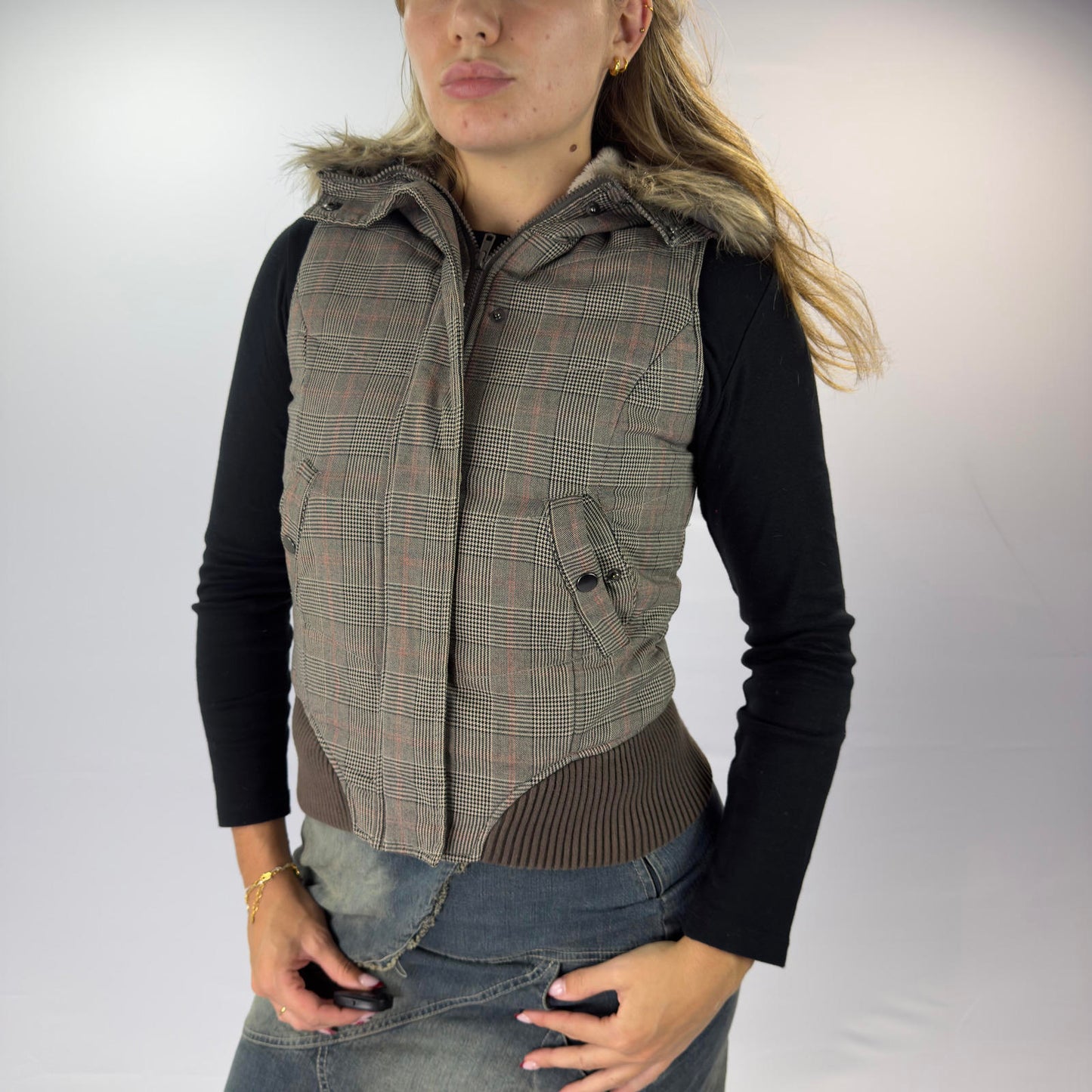 Clockhouse Plaid Women's Puffer Vest with Faux Fur Hood- SIZE XS