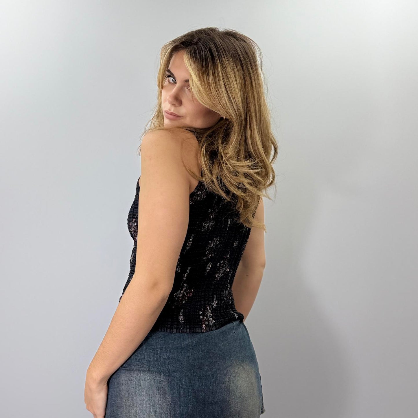 Black Floral Sleeveless High Neck Top- SIZE M