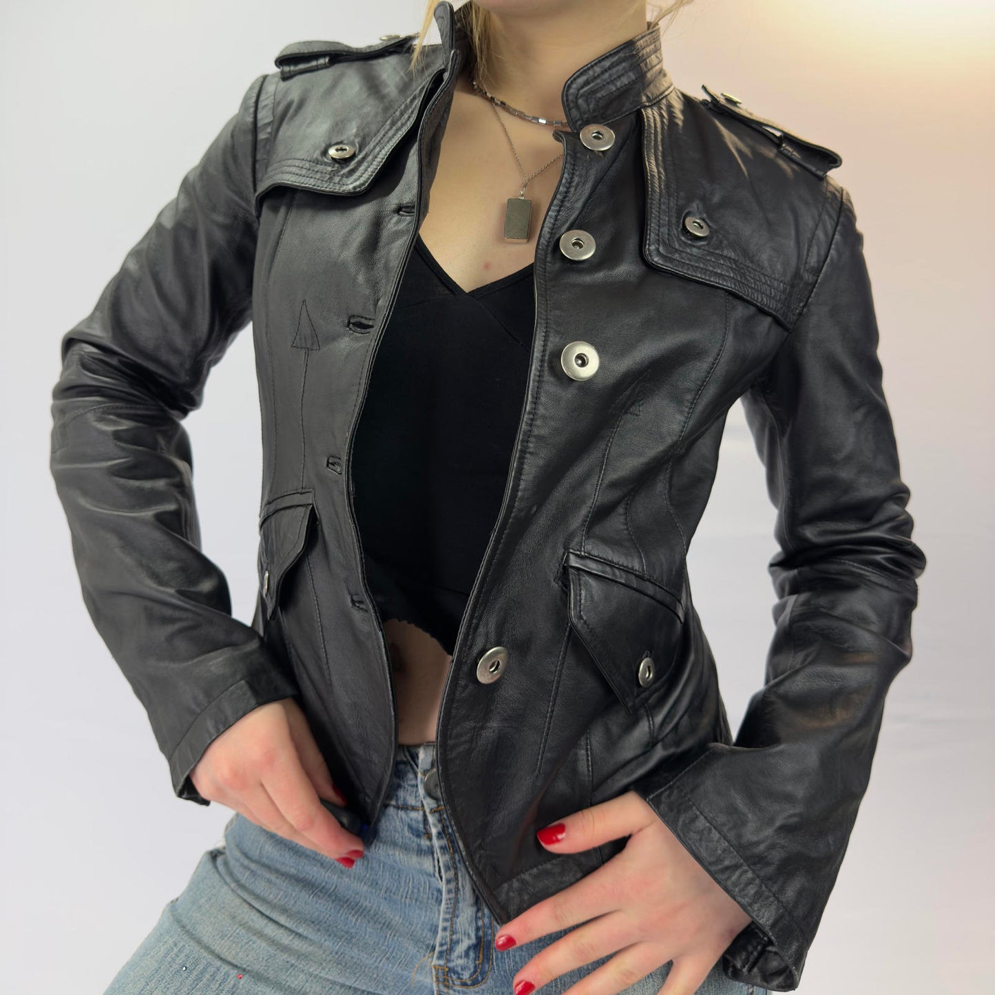 Conbipel Black Leather Jacket with Button Details- SIZE XS