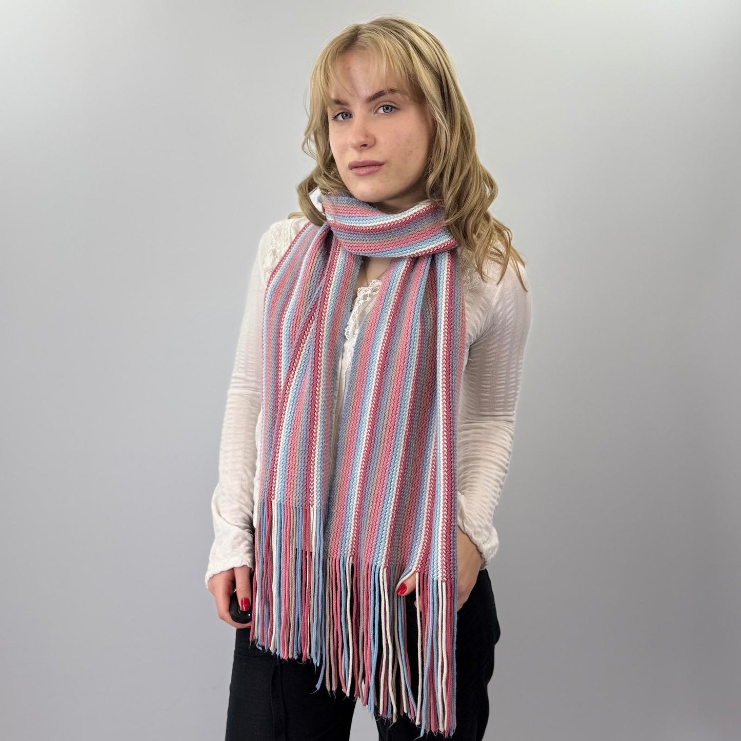 Striped Knit Scarf with Fringe