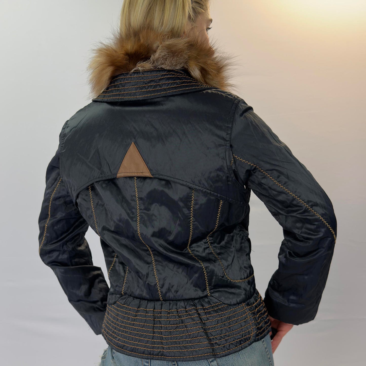 Gerve Blue Quilted Jacket with Fur Collar and Lace-up Details- SIZE S