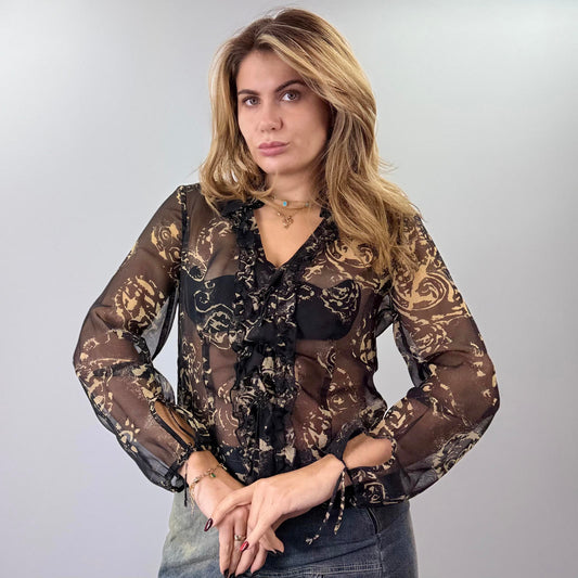 Betty Barclay Sheer Black and Gold Patterned Blouse- SIZE M