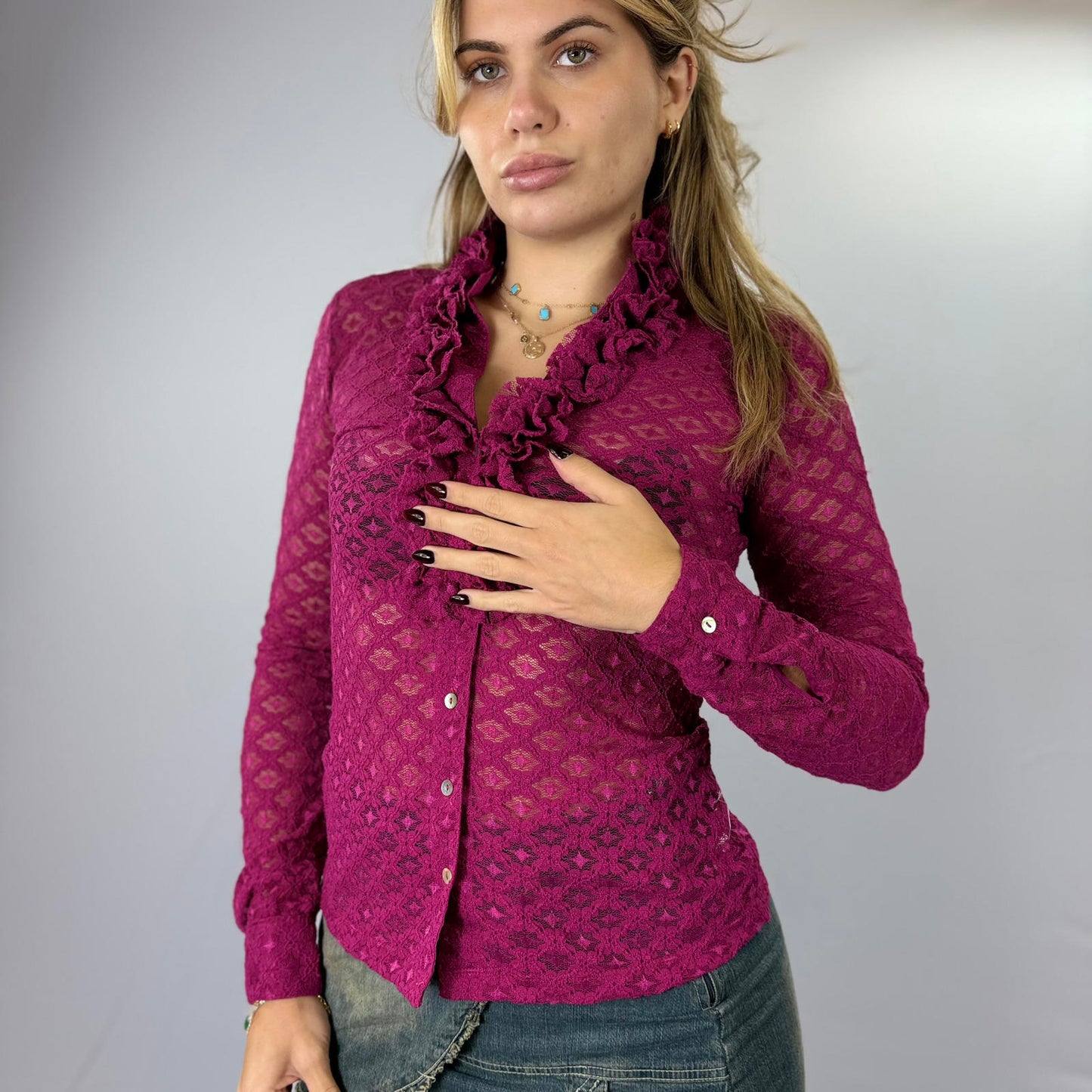 and  Sheer Lace Ruffle Collar Blouse in Deep Pink- SIZE M
