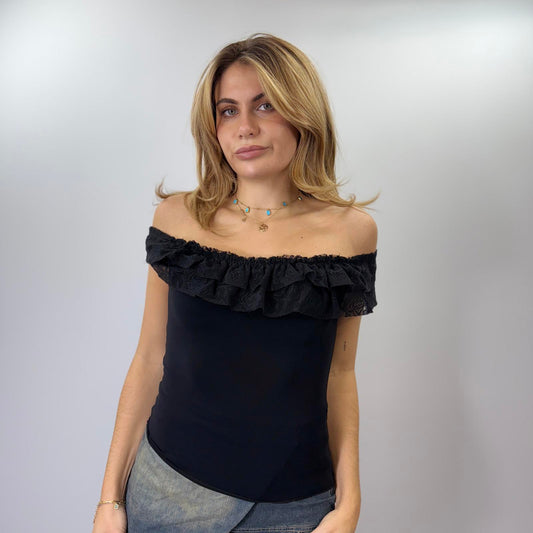 Black Off-Shoulder Ruffle Lace Top for Women- SIZE L/XL