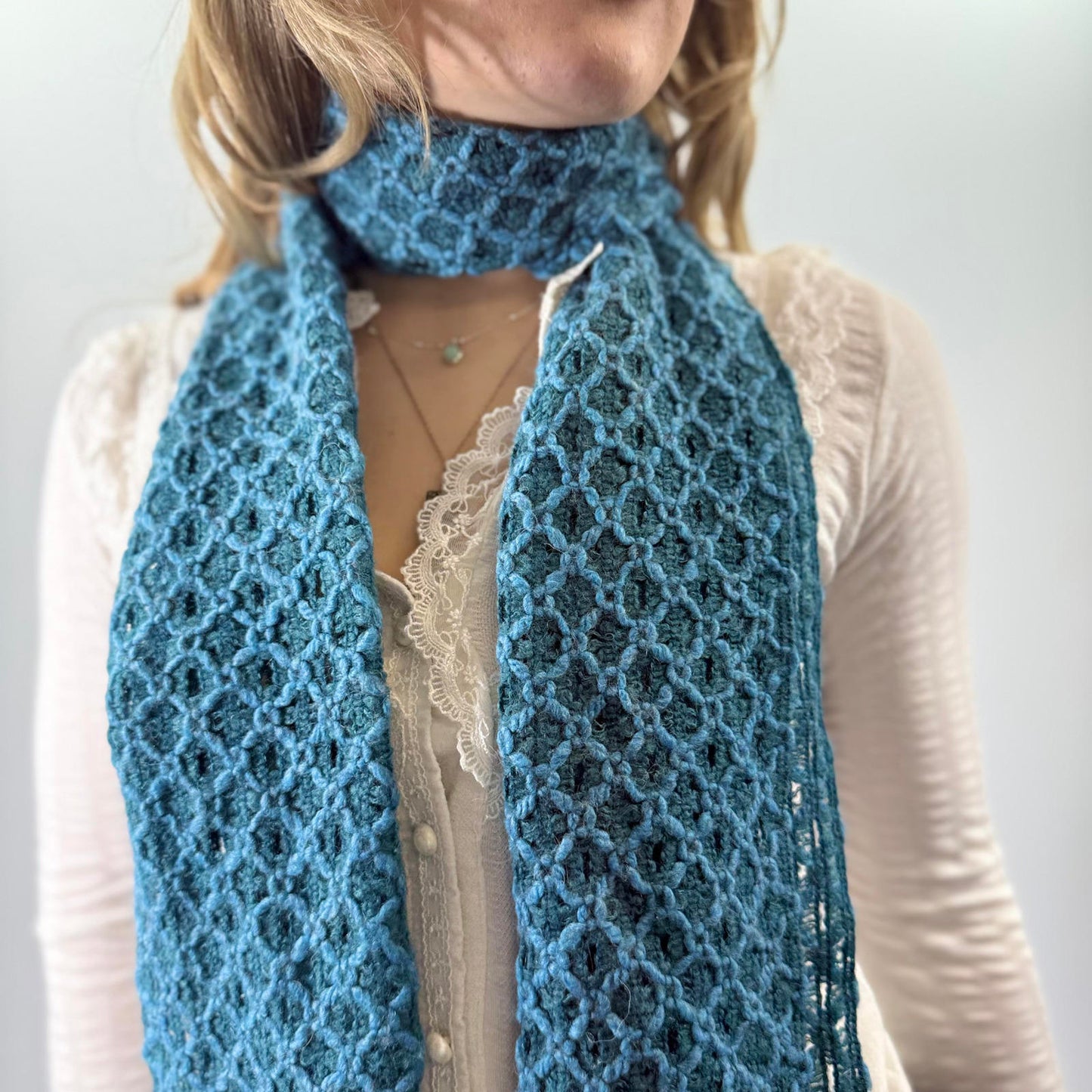 Blue Textured Knit Scarf with Fringe