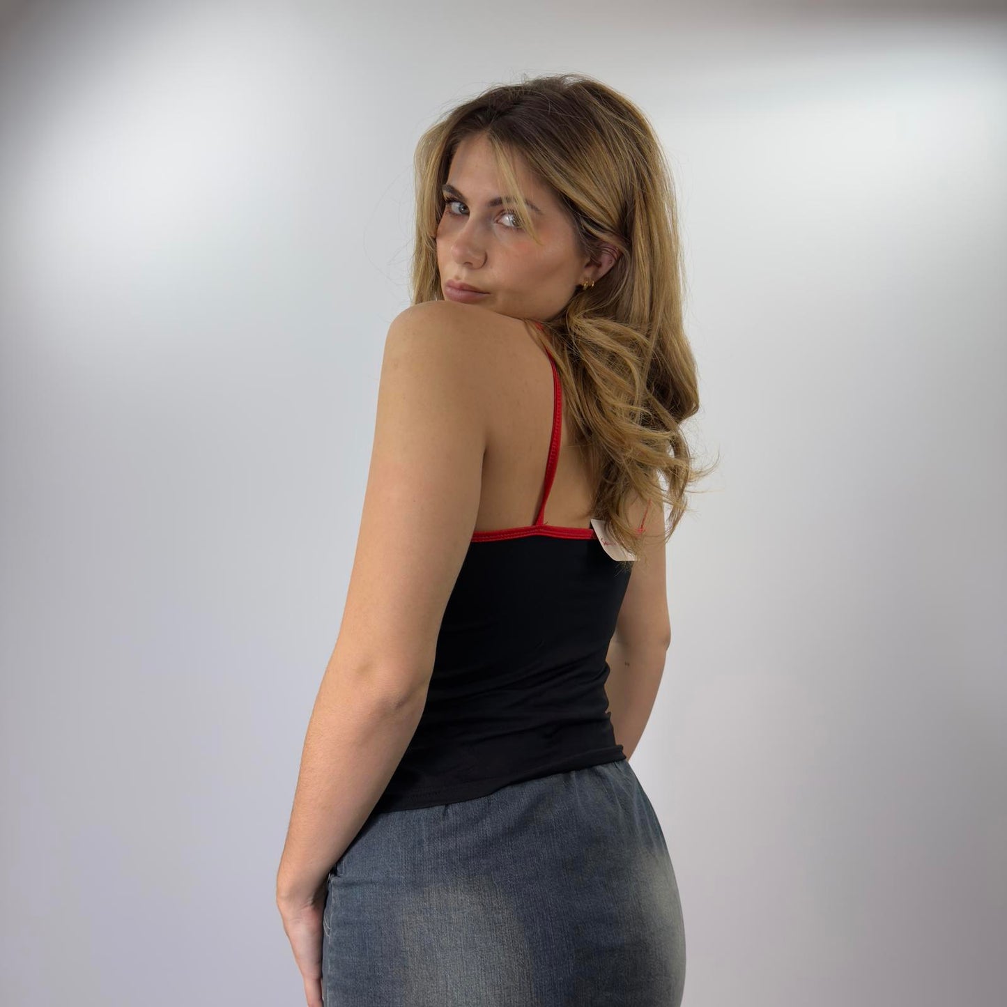 Black Floral Embroidered Tank Top with Red Trim- SIZE S