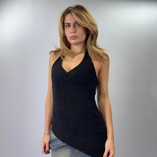 Black Halter Neck Tank Top with Asymmetric Hem- SIZE M