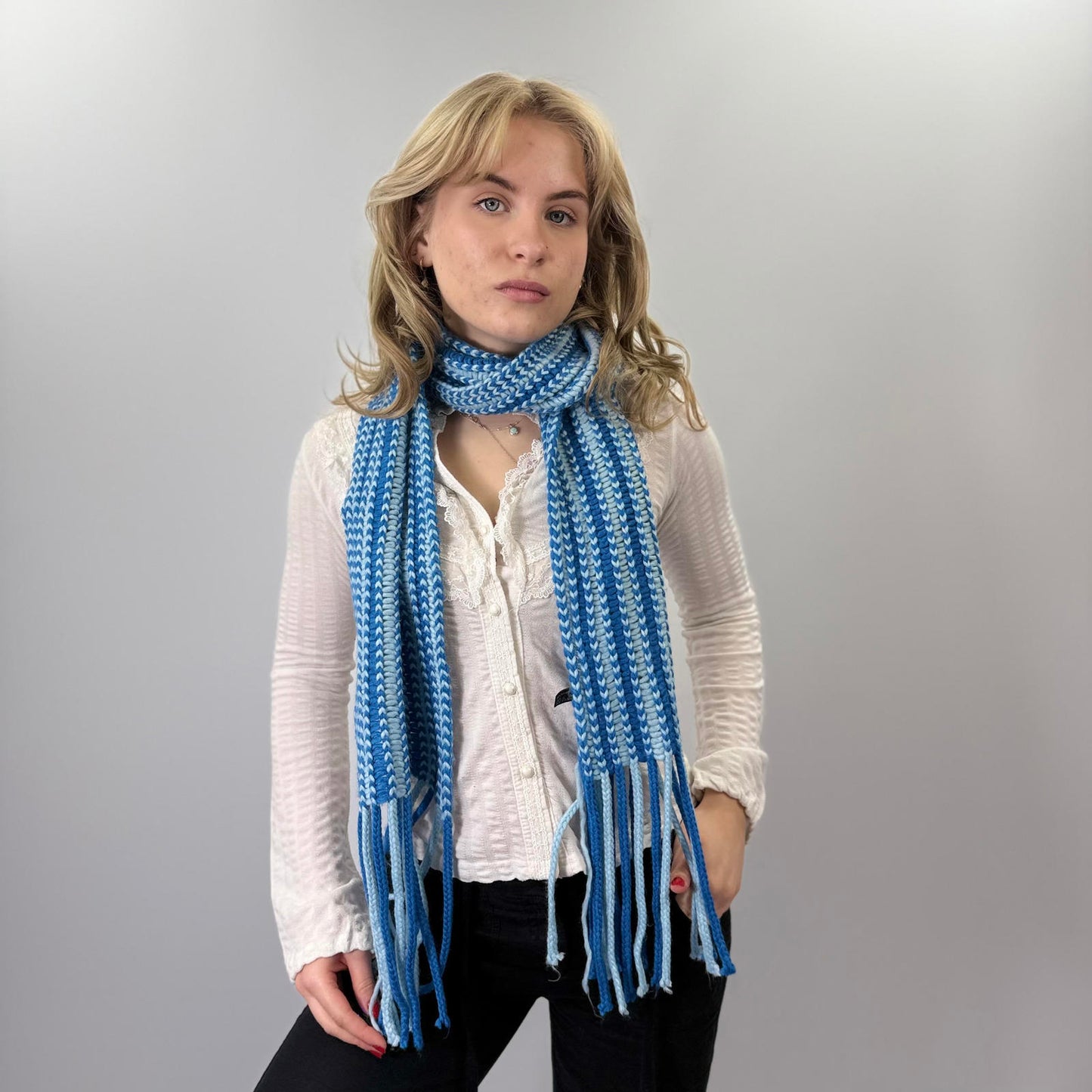 Handmade Blue and White Knitted Scarf with Fringe