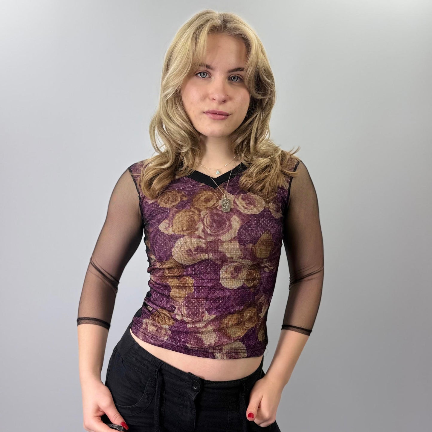 Women's Floral Mesh Sleeve Top- SIZE XS