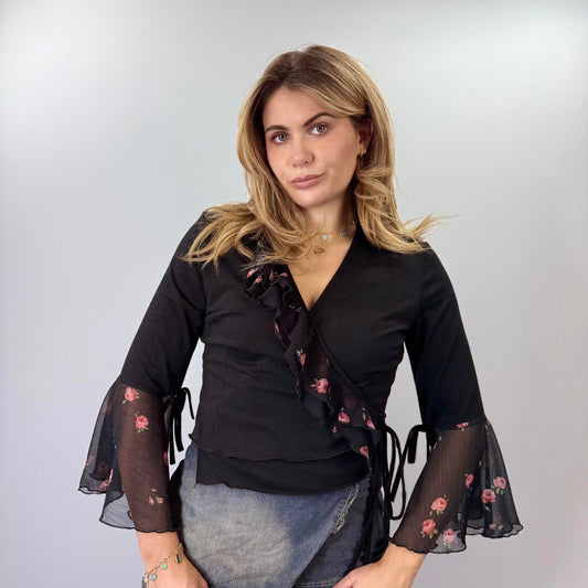 Promesse Black Floral Sheer Sleeve Wrap Top- SIZE L