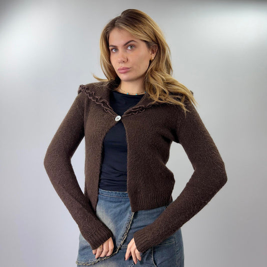 Angels Brown Knit Cardigan Sweater with Ruffle Collar- SIZE M