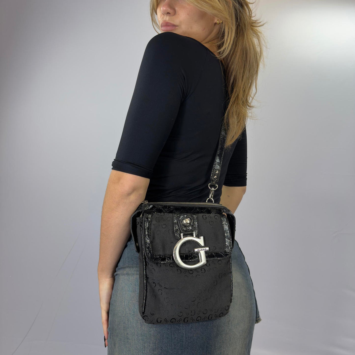 Guess Black Monogram Crossbody Bag with Large G Buckle