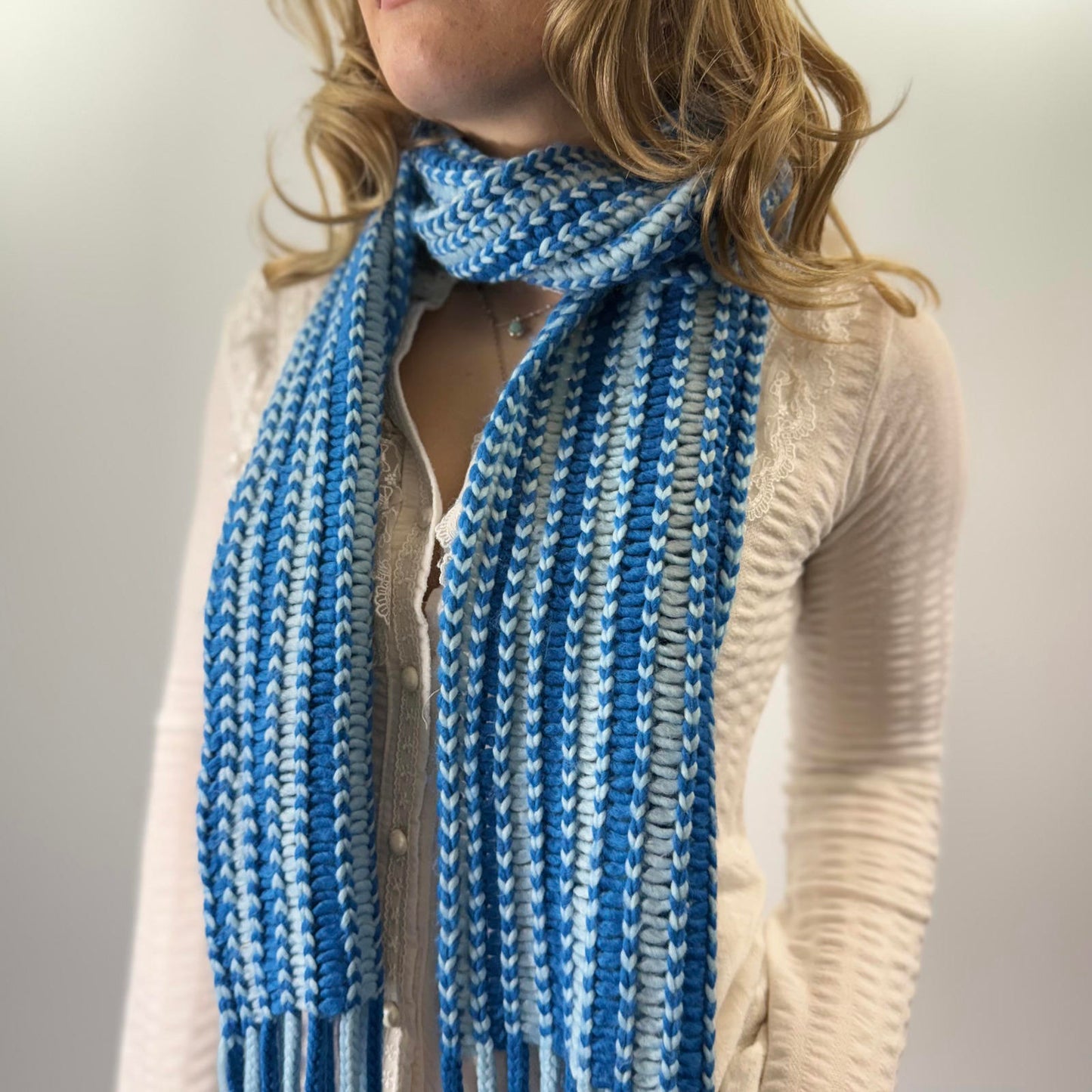 Handmade Blue and White Knitted Scarf with Fringe