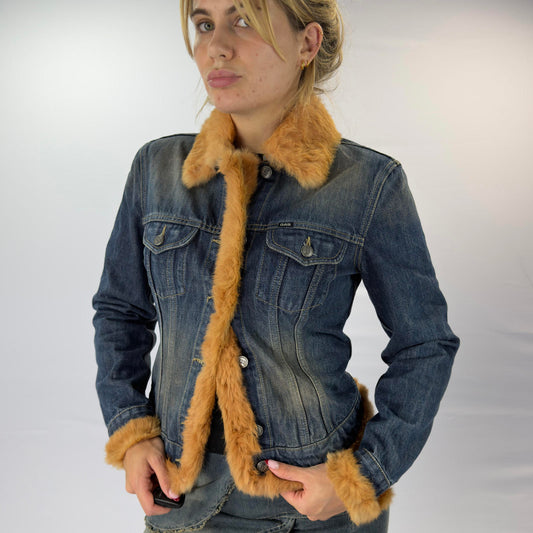Gas Jeans Women's Denim Jacket with Faux Fur Trim- SIZE M