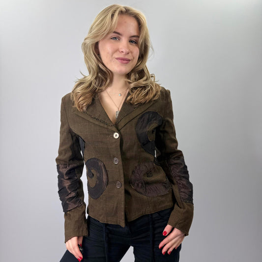Claru Brown Button-Up Blazer with Unique Patchwork Design- SIZE S