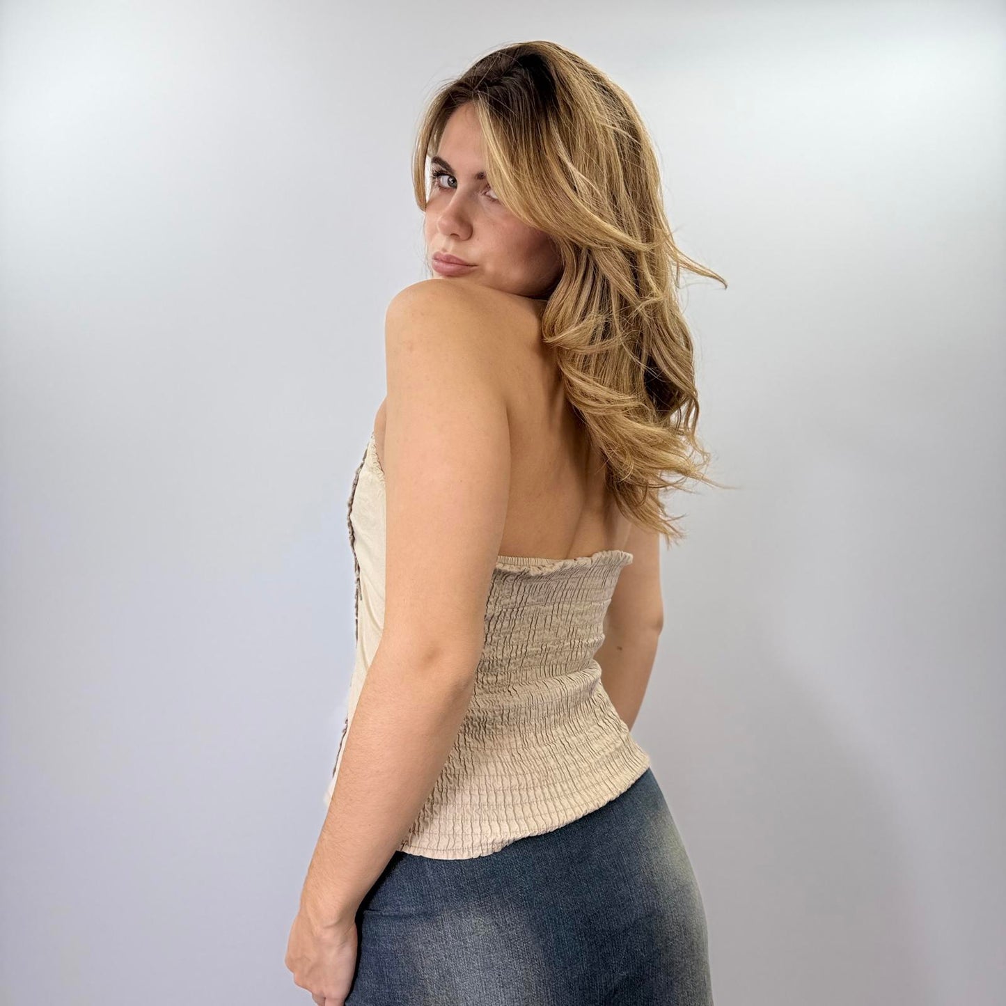 S&W Beige Sleeveless Ruffle Detail Button-Up Top- SIZE M