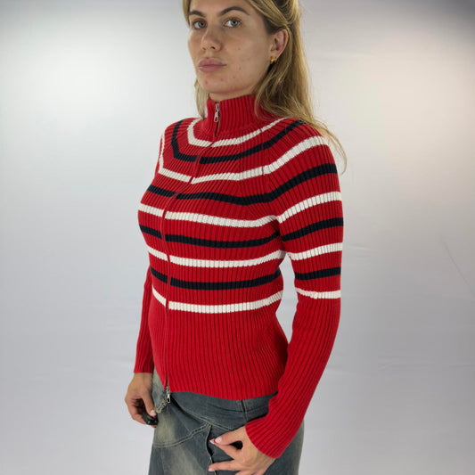 Benetton Red Ribbed Zip-Up Sweater with Striped Pattern- SIZE M