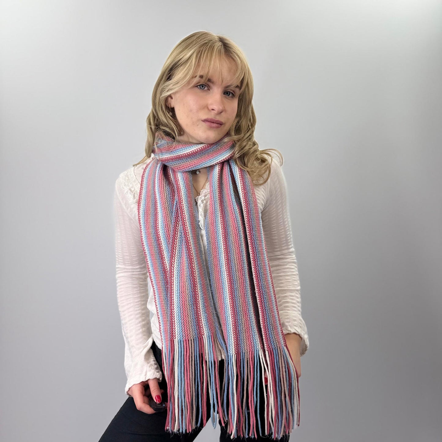 Striped Knit Scarf with Fringe