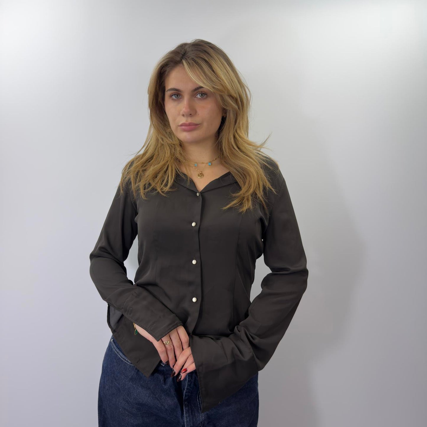 Brown Satin Button Up Shirt - SIZE M