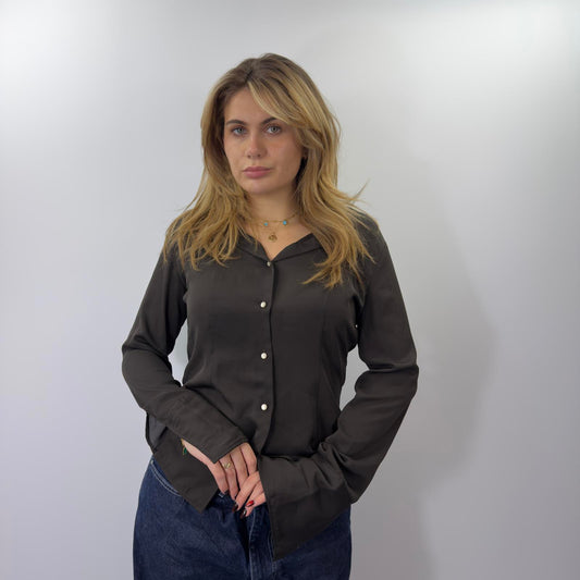 Brown Satin Button Up Shirt - SIZE M