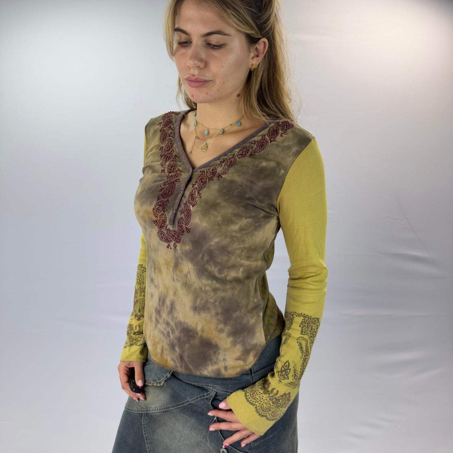 Marlboro Classics Women's Long Sleeve Tie-Dye Top with Embroidered Details- SIZE L