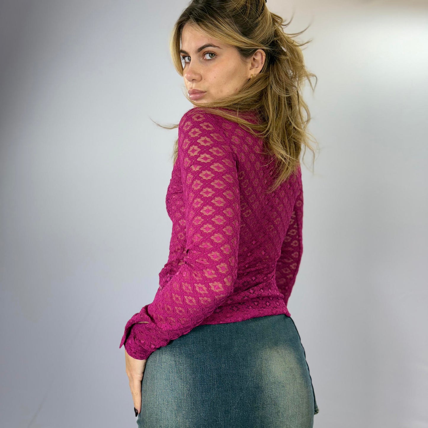 and  Sheer Lace Ruffle Collar Blouse in Deep Pink- SIZE M