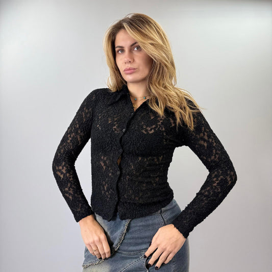 Black Lace Long Sleeve Button-Up Top- SIZE S