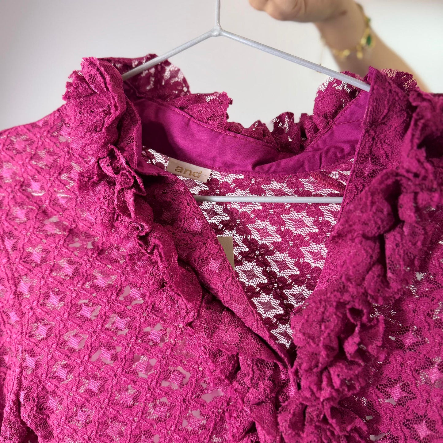 and  Sheer Lace Ruffle Collar Blouse in Deep Pink- SIZE M
