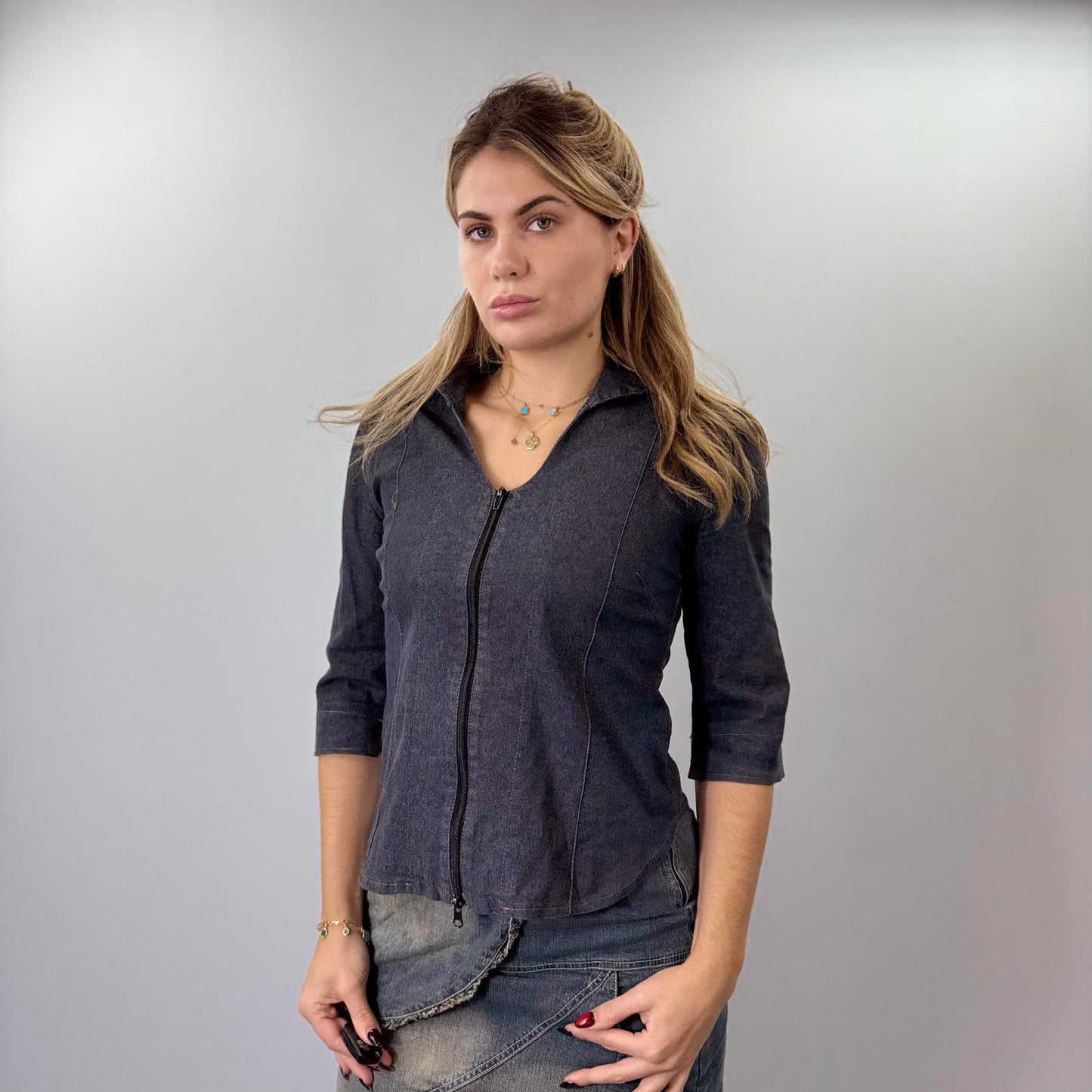 Extreme Women's 90s Dark Denim Zip-Up Top- SIZE L