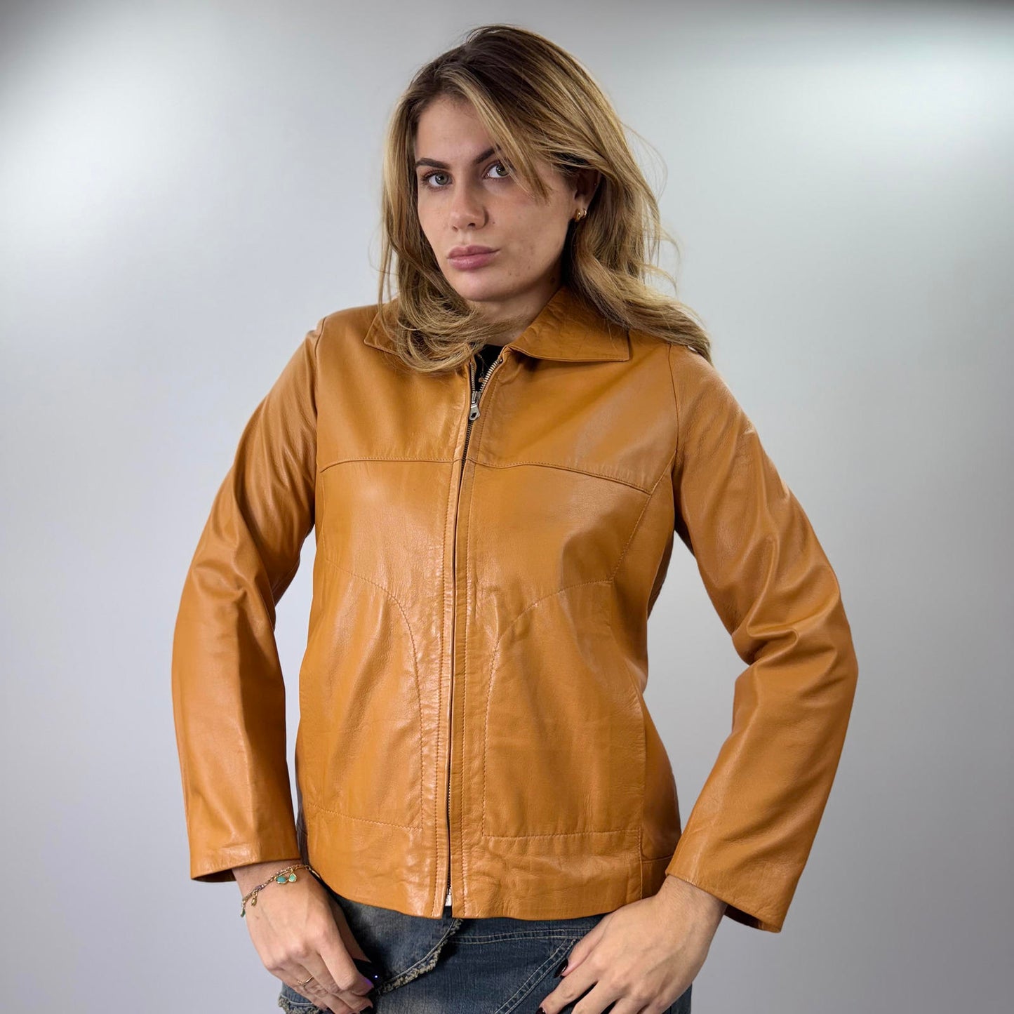 Garret's Women's Tan Leather Zip-Up Jacket- SIZE M