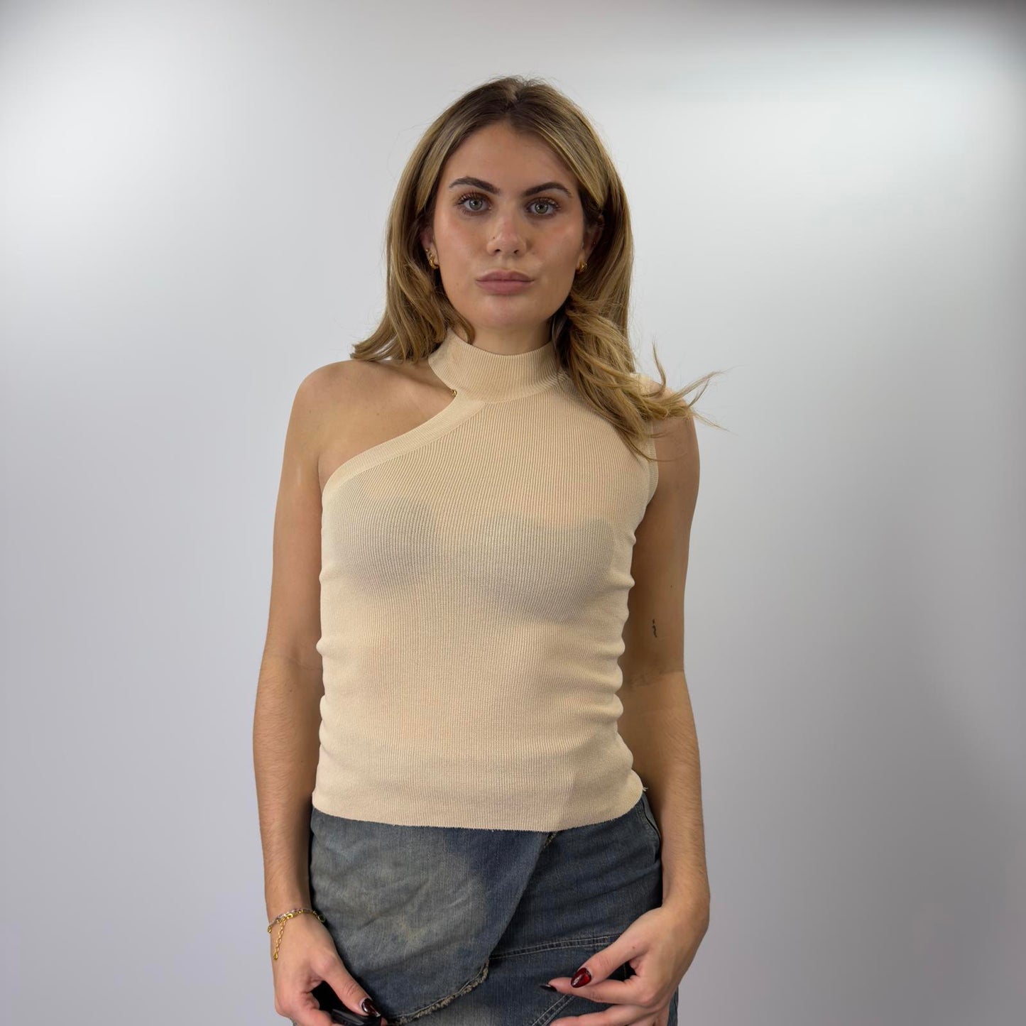 Cream Sleeveless High Neck Knit Top- SIZE M