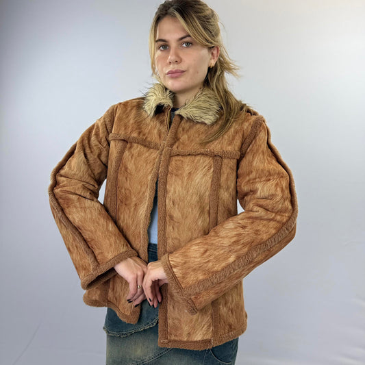 Sexy Woman Vintage Faux Fur Brown Jacket with Fur Collar- SIZE L