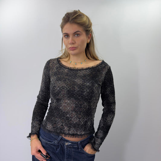Y2K Black Long Sleeve Sheer Lace Top- SIZE L