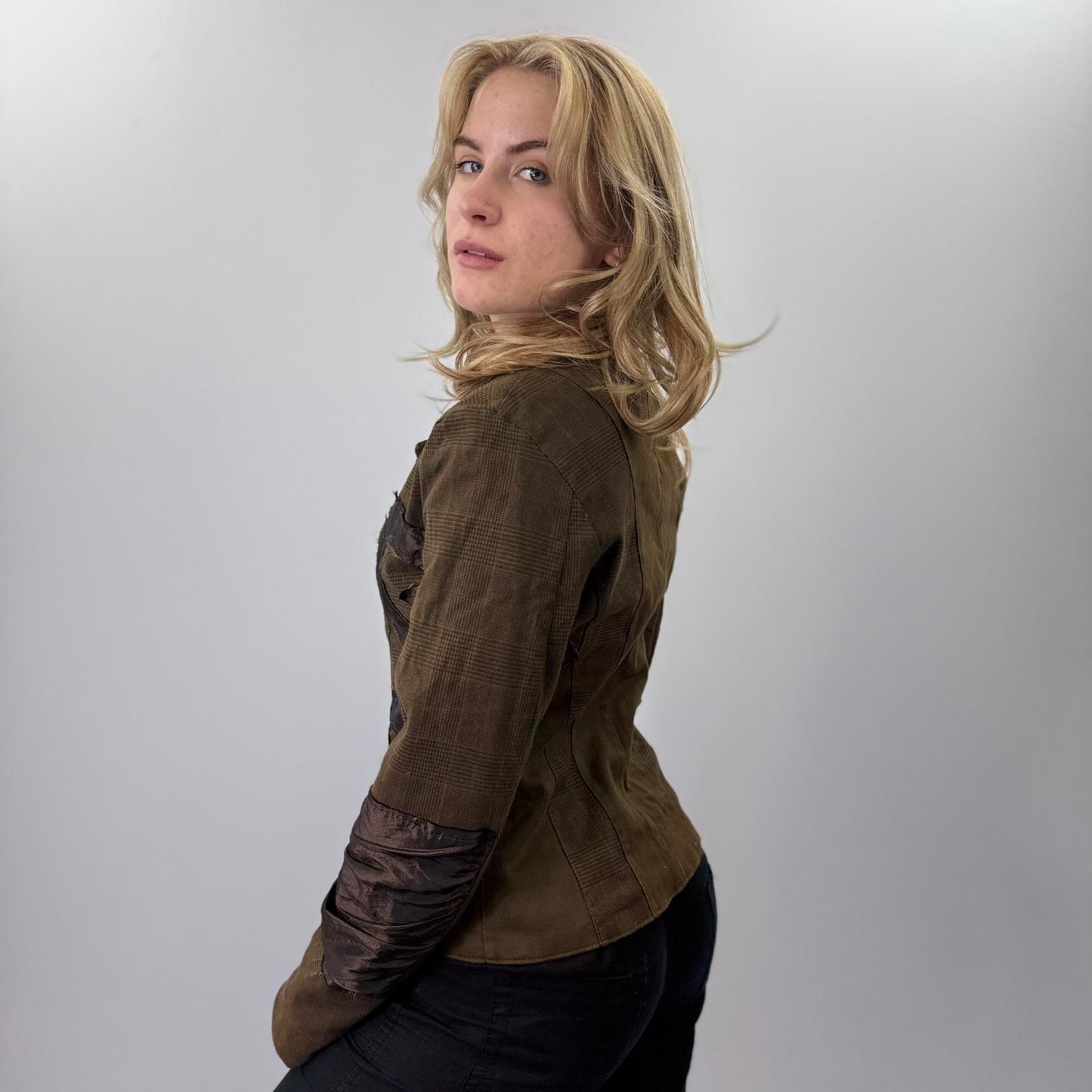 Claru Brown Button-Up Blazer with Unique Patchwork Design- SIZE S