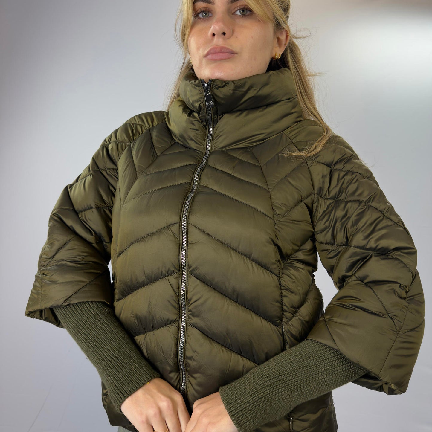 Hybris Olive Green Puffer Jacket with Knit Sleeve Cuffs- SIZE S