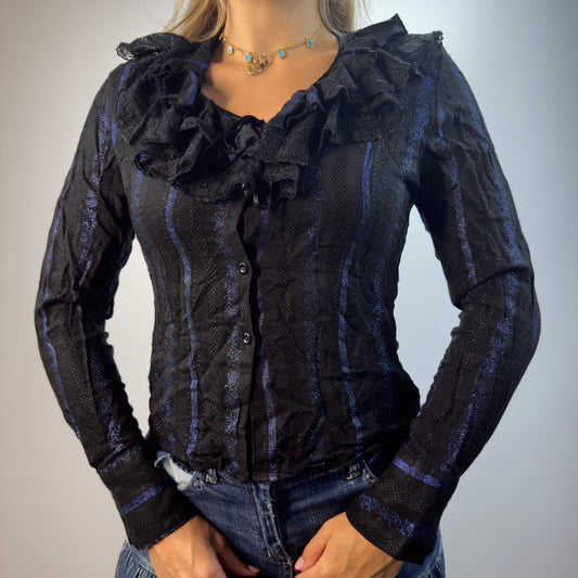 Black and blue ruffled blouse- SIZE S