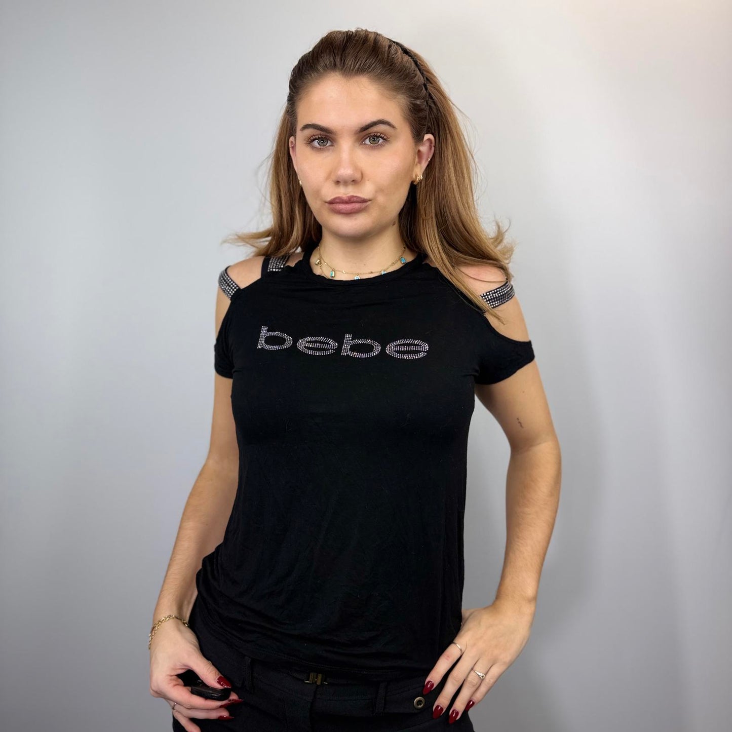 Y2K Bebe Black Cold Shoulder Top – Rhinestone Logo 2000s