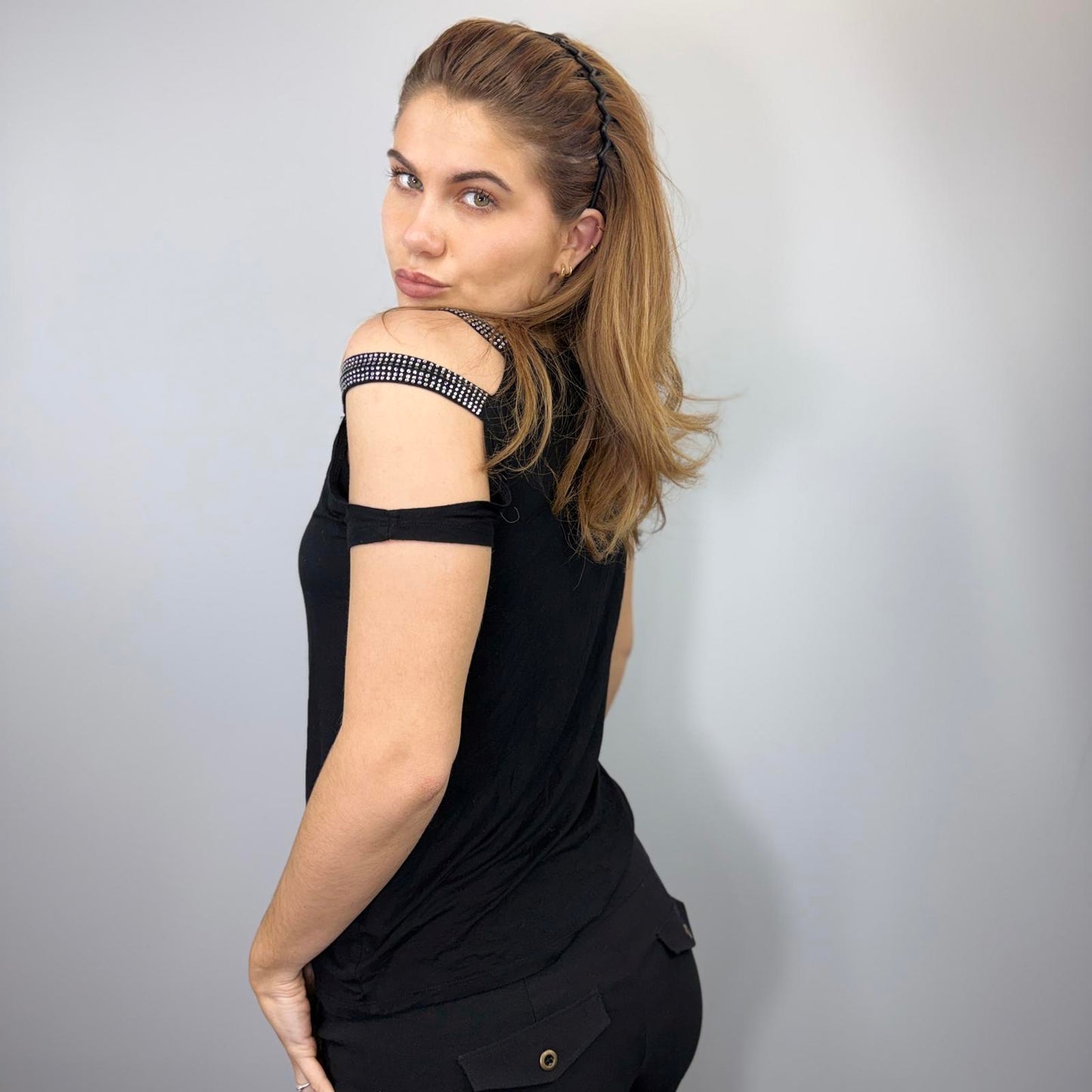 Y2K Bebe Black Cold Shoulder Top – Rhinestone Logo 2000s