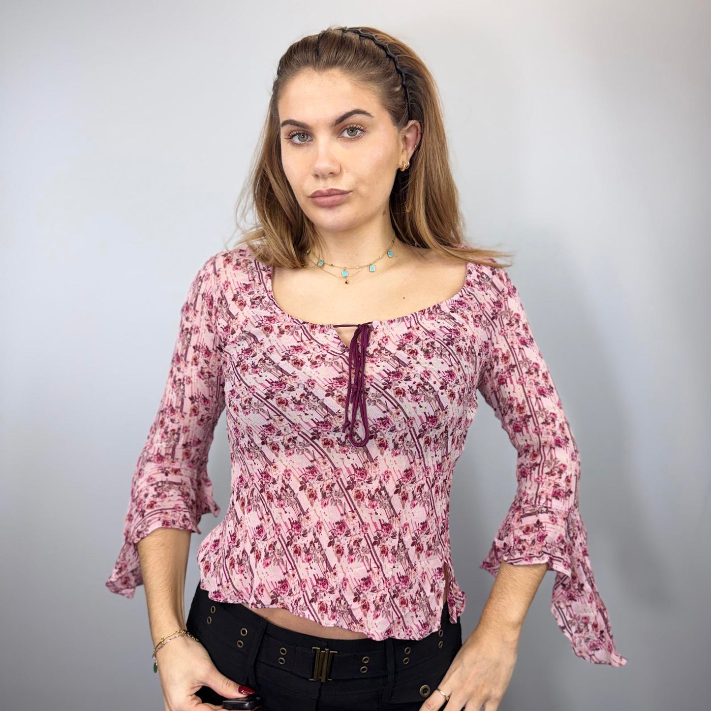 Pink Floral Tie-Front Blouse – Romantic Boho Chic Top