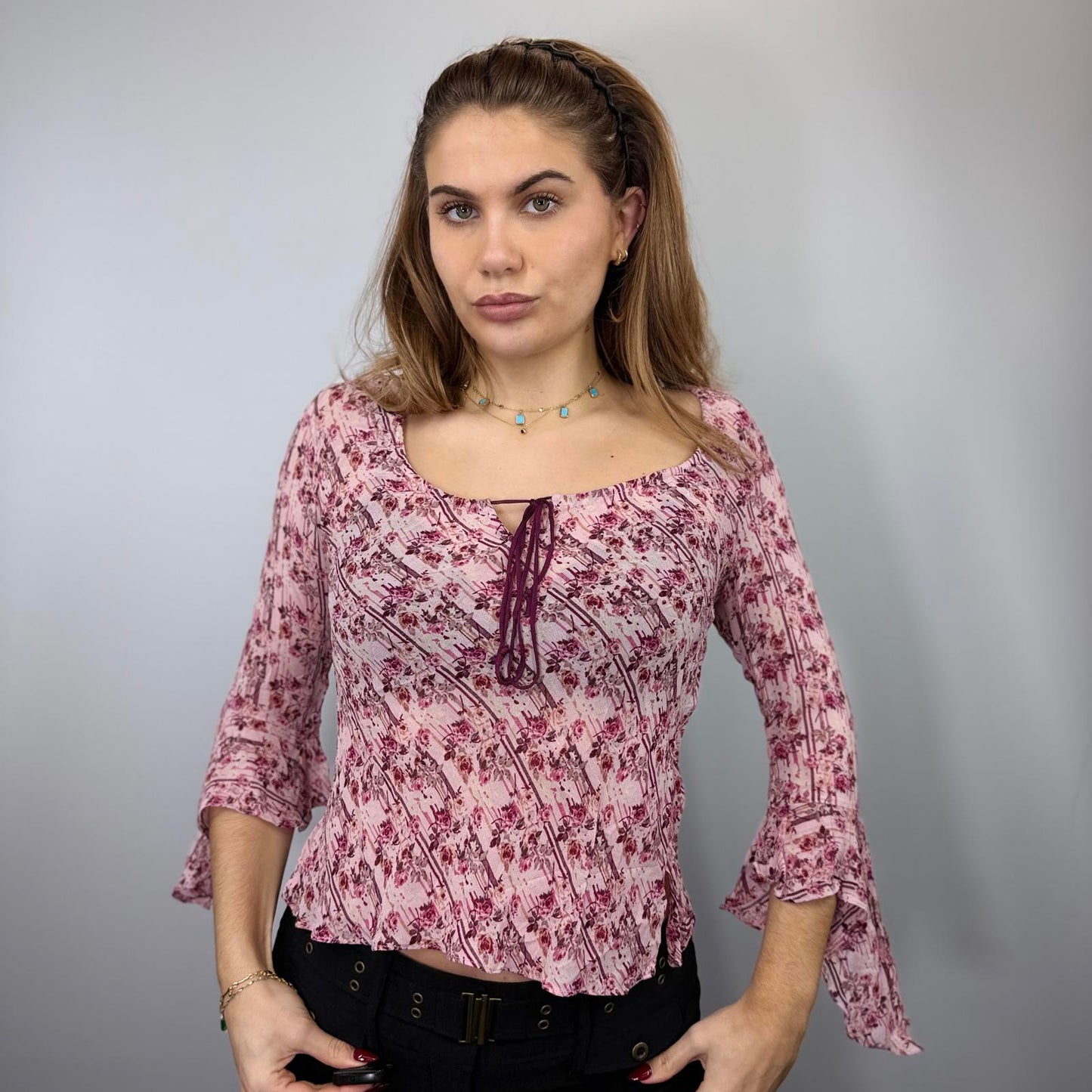 Pink Floral Tie-Front Blouse – Romantic Boho Chic Top