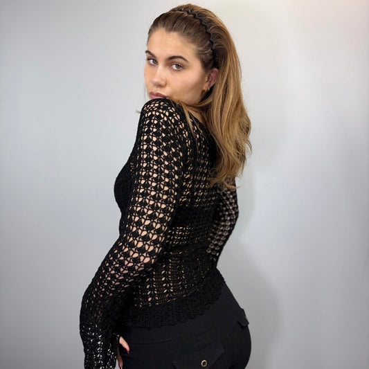 Y2K Black Crochet Lace Top – Vintage Sheer Knit Long Sleeve