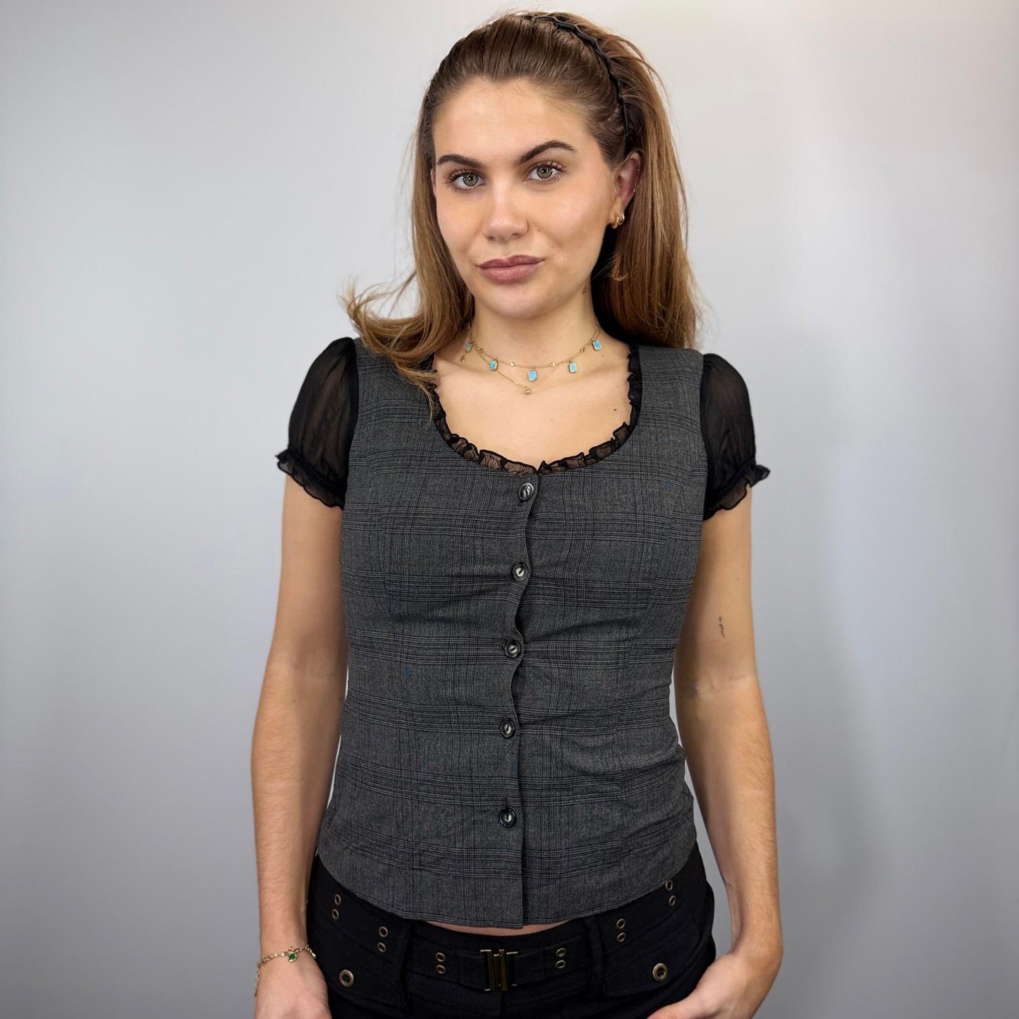 Y2K Grey Plaid Button-Up Vest Top – Vintage Preppy