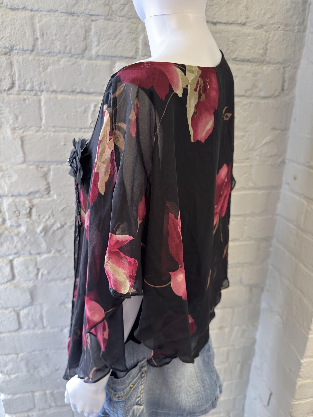 Evogues Black Floral Sheer Poncho Top with Pink Print