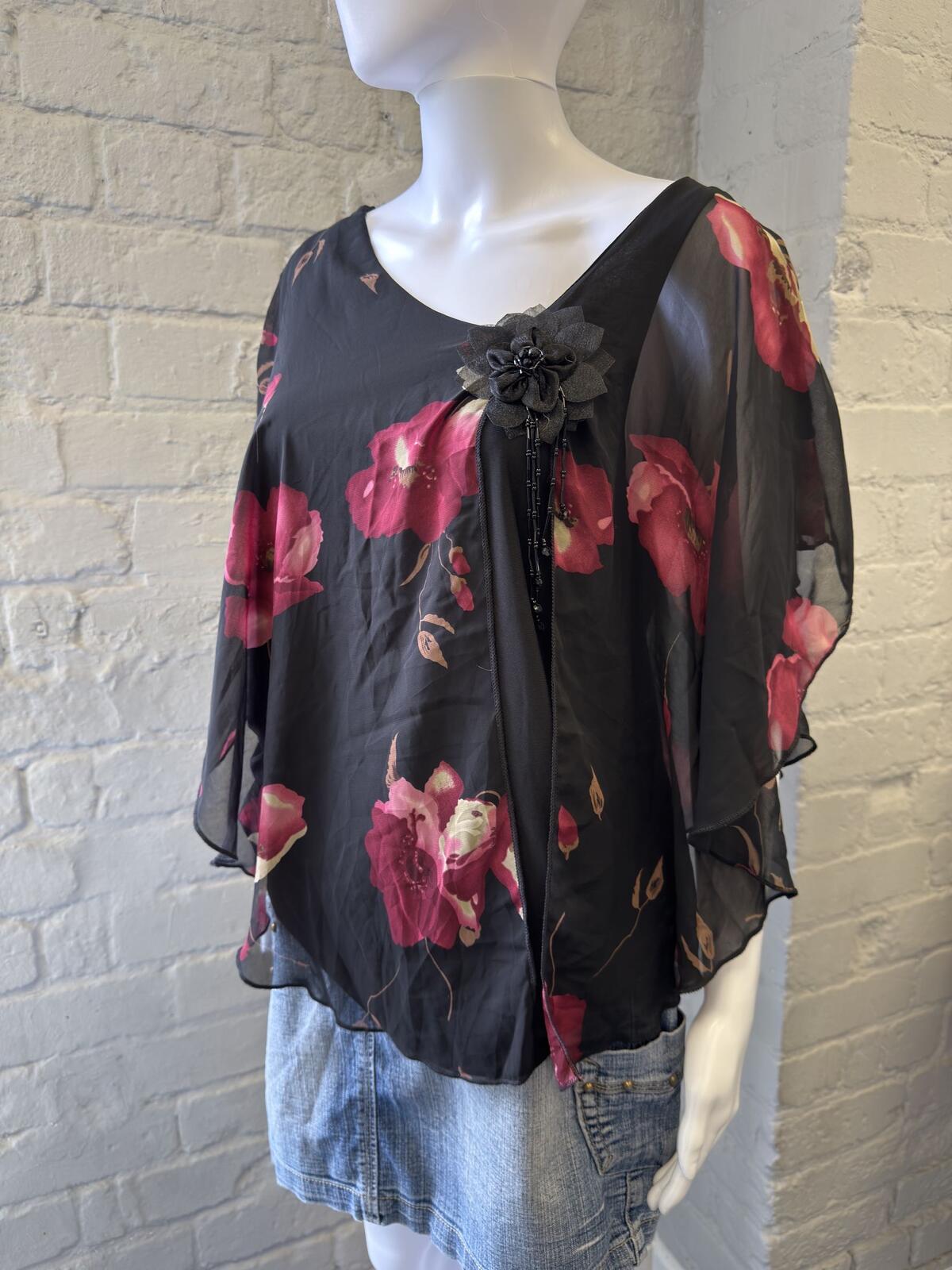 Evogues Black Floral Sheer Poncho Top with Pink Print