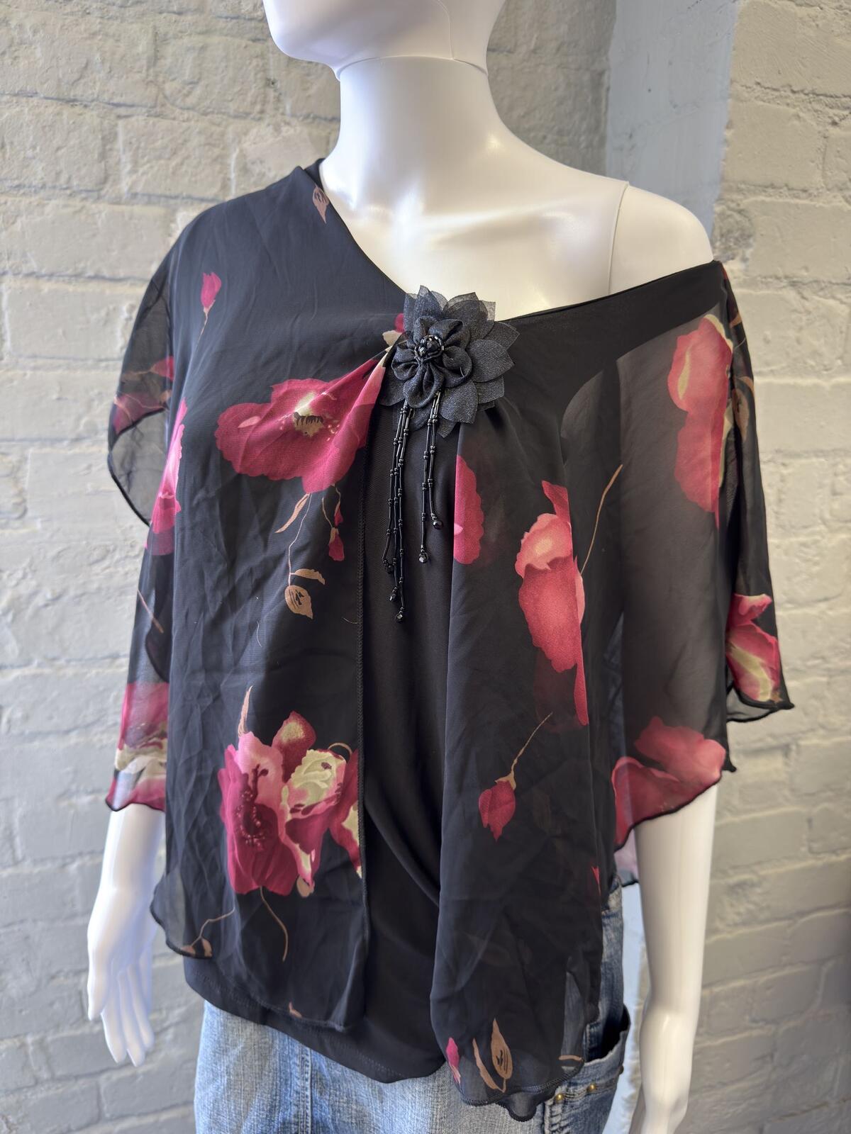 Evogues Black Floral Sheer Poncho Top with Pink Print